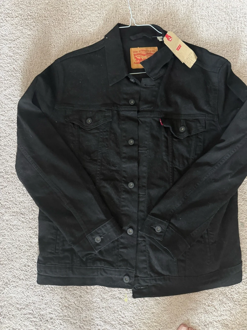 Levi's Men's Black Denim Trucker Jacket with Red Tab Accent